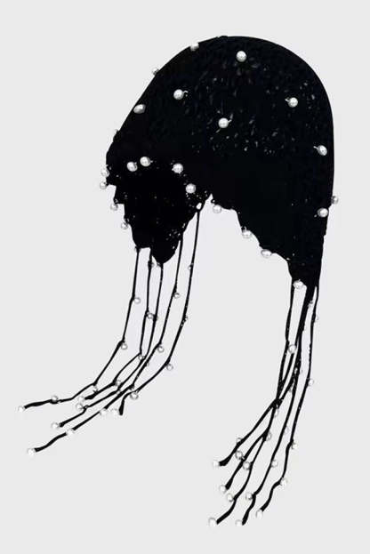 Solid Pearl Embellished Hollow Knit Hat-consonak