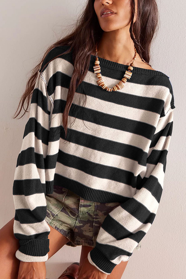Striped Print Crew Neck Long Sleeve Loose Knitted Sweater-consonak