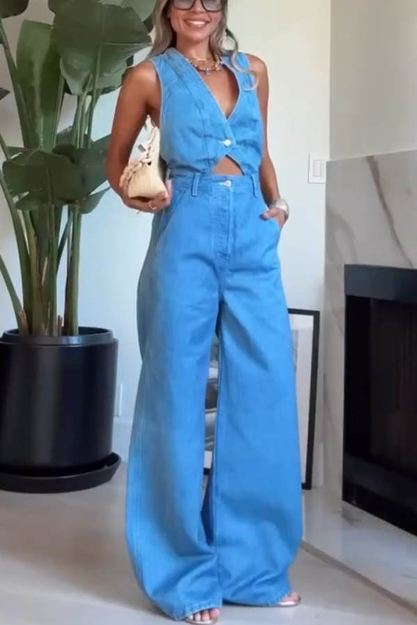 Bold Design Denim Vest-inspired Bodice Crisscross Strap Pocket Loose Jumpsuit | Consonak
