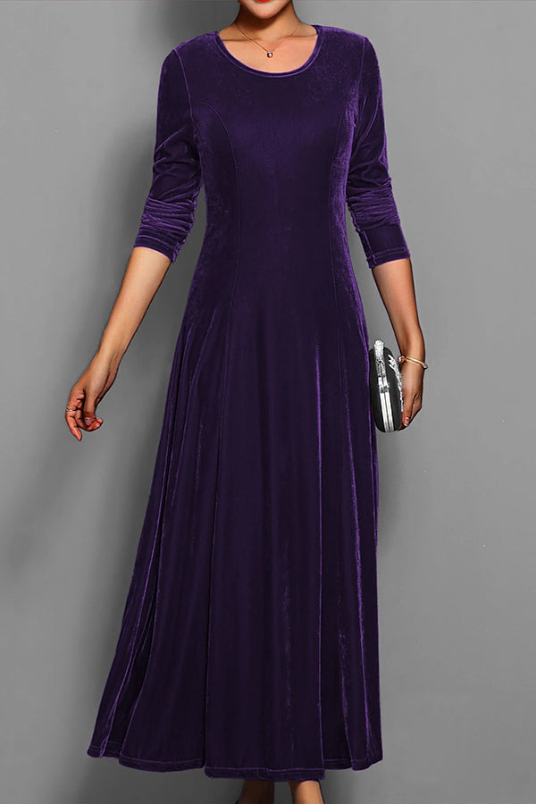 Solid Color Velvet Round Neck Long Sleeve Slim Midi Dress-consonak