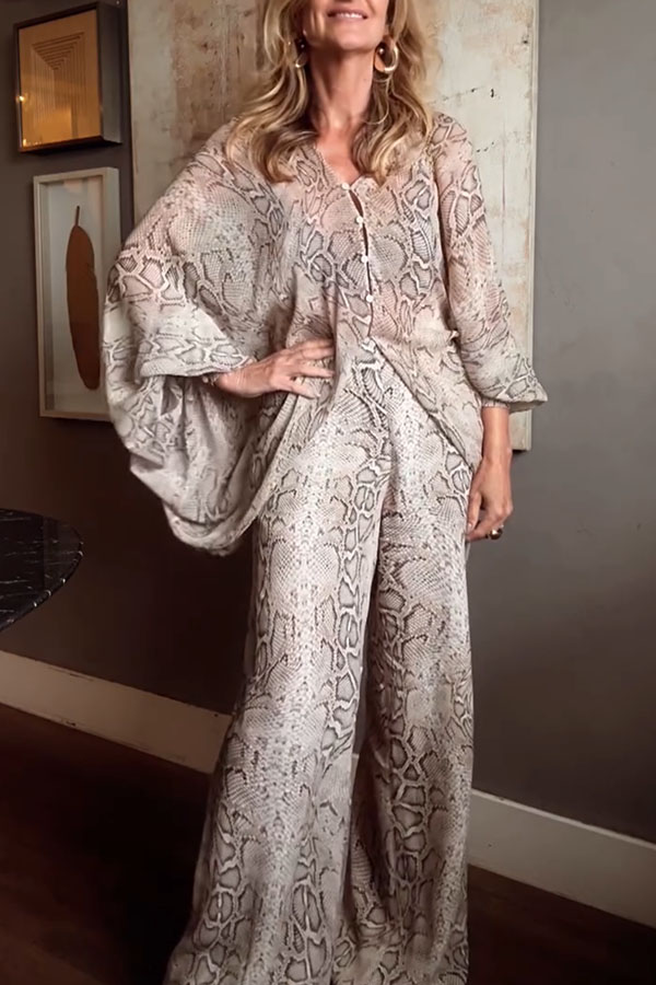 Iselle Animal Print Button Up Batwing Sleeve Shirt and Elastic Waist Wide Leg Pants Set | Consonak