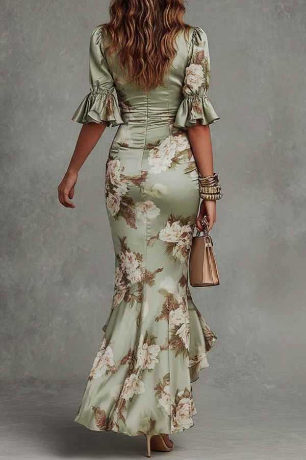Floral Print V-neck Ruffled Short-sleeved Fitted Waist Pleated Maxi Dress | Consonak