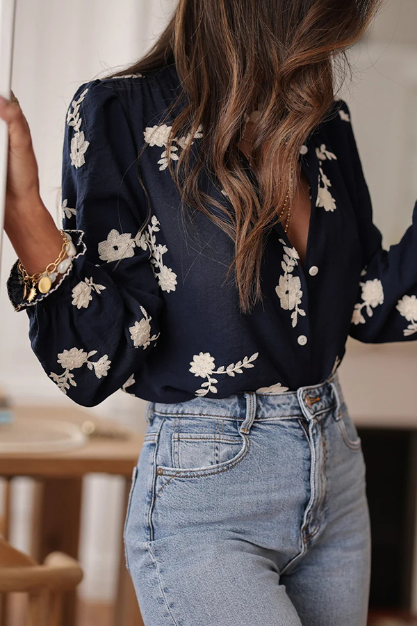 Floral Embroidery Long-Sleeved Button-Up Elegant Shirt-consonak
