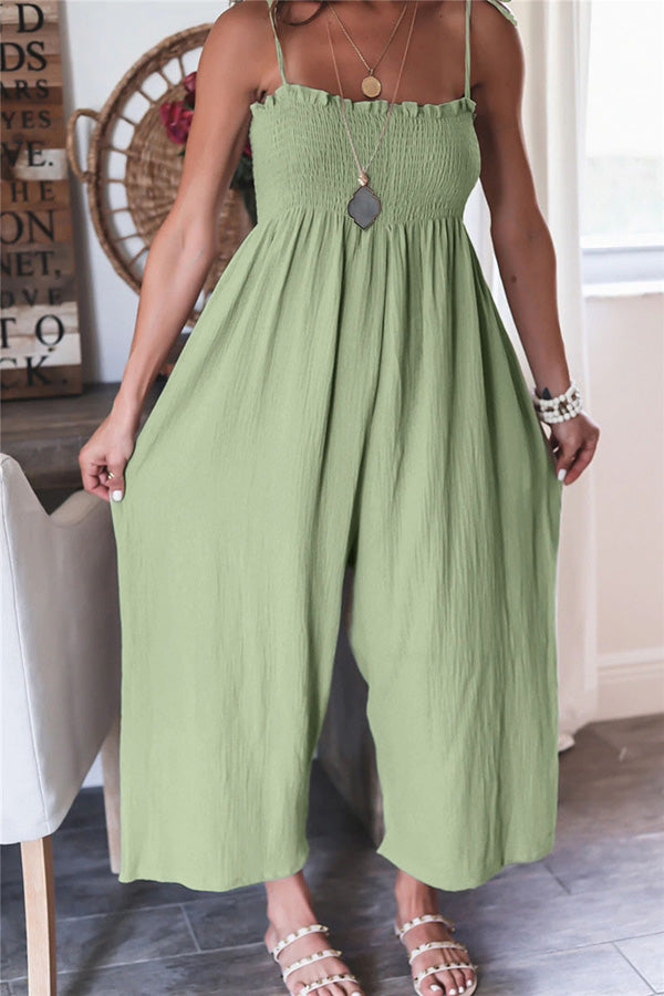 Elegant Solid Color High Waist Linen Blend Suspender Pleated Jumpsuit-consonak