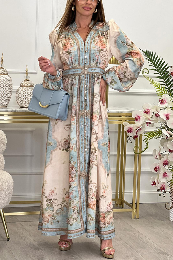 Fresh Pickings Floral Bohemian Print Balloon Sleeve Button Up Maxi Dress-consonak