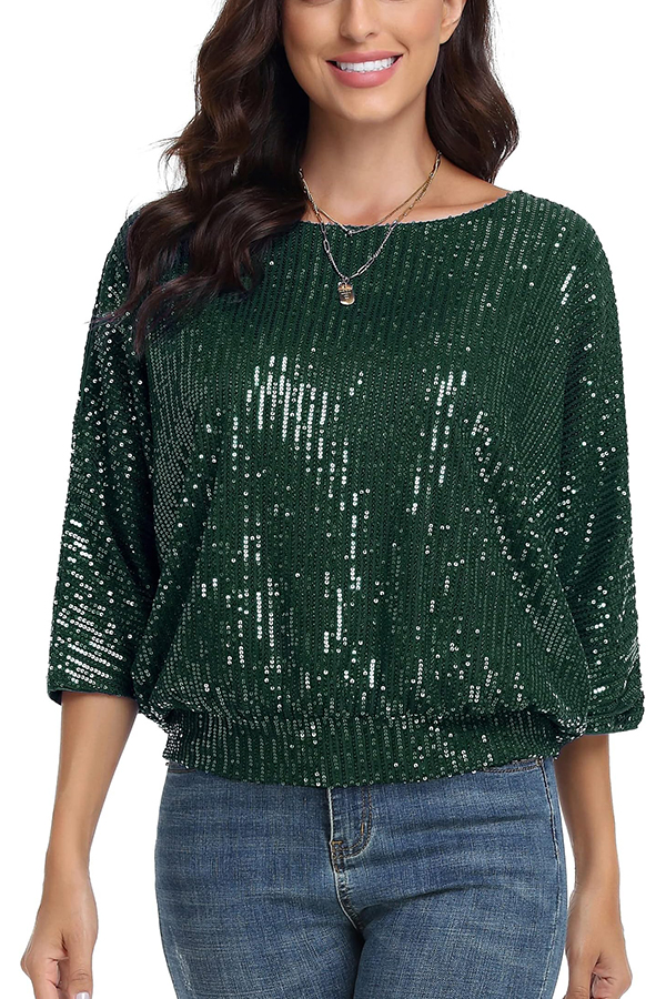 Solid Color Sequined Loose Round Neck Casual Top-consonak