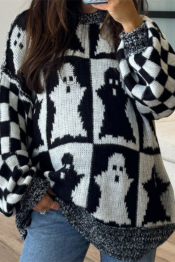 Halloween Ghost & Checkerboard Oversized Knit Sweater-Consonak