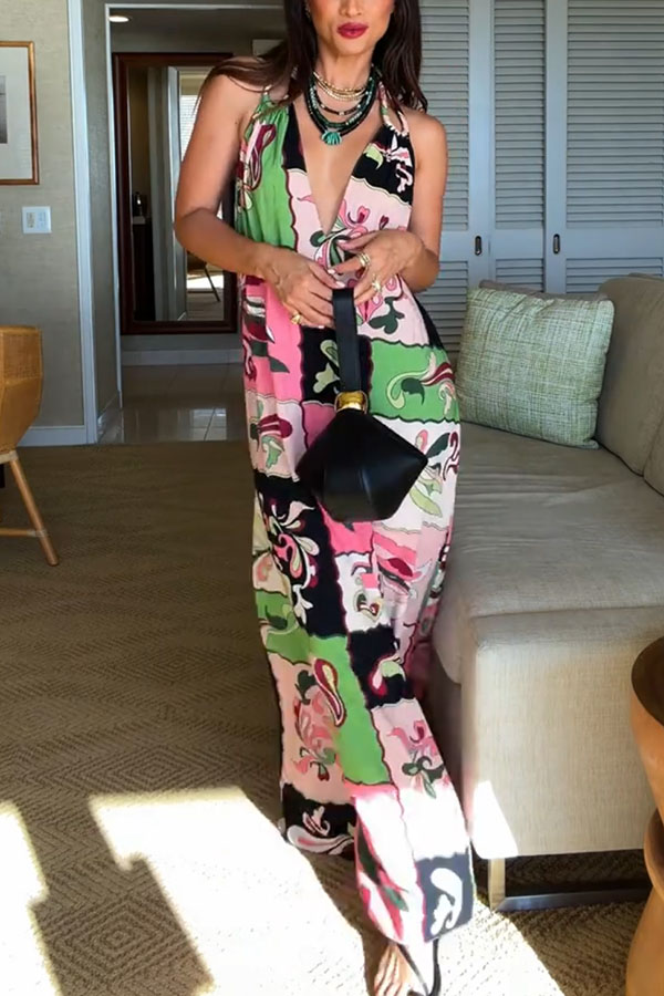 Vacation Night Unique Color-block Print U-shaped Shoulder Strap Maxi Dress