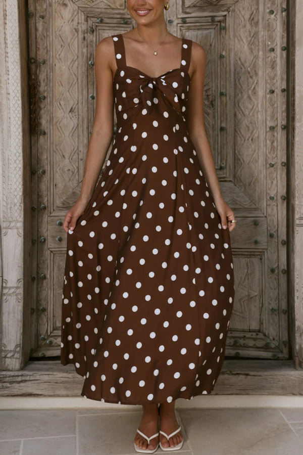 Polka Dot Print Back Pleated Casual Pocket Holiday Maxi Dress-consonak