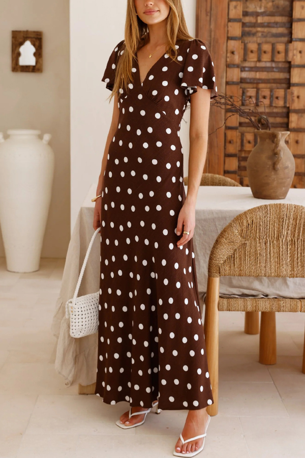Polka Dot Print V-neck Short-sleeved Casual Holiday Maxi Dress-consonak