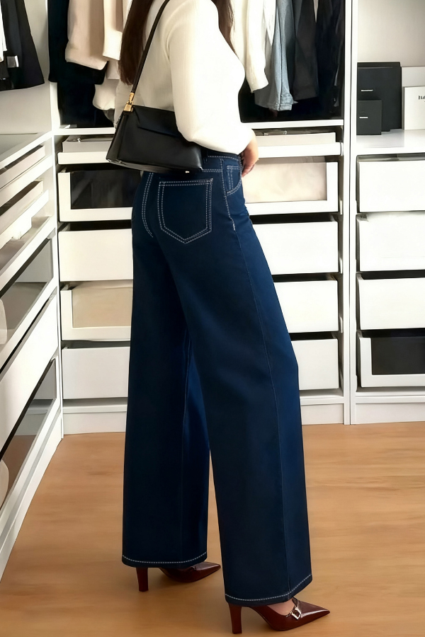 Stylish High-waisted Pocket Casual Straight-leg Wide-leg Jeans-consonak