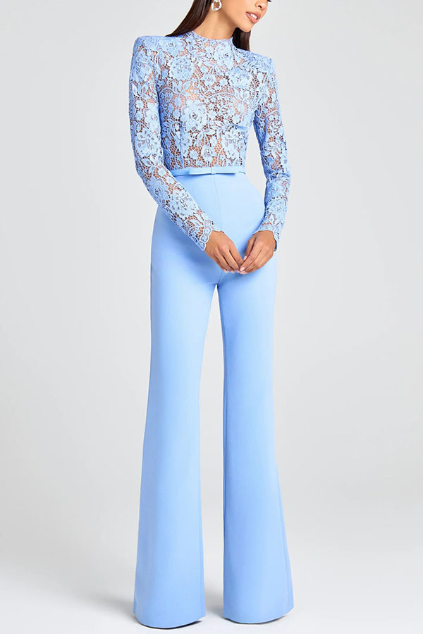 Party Charmer Flower Lace Patchwork Long Sleeve Bow Belted Flare Jumpsuit-consonak