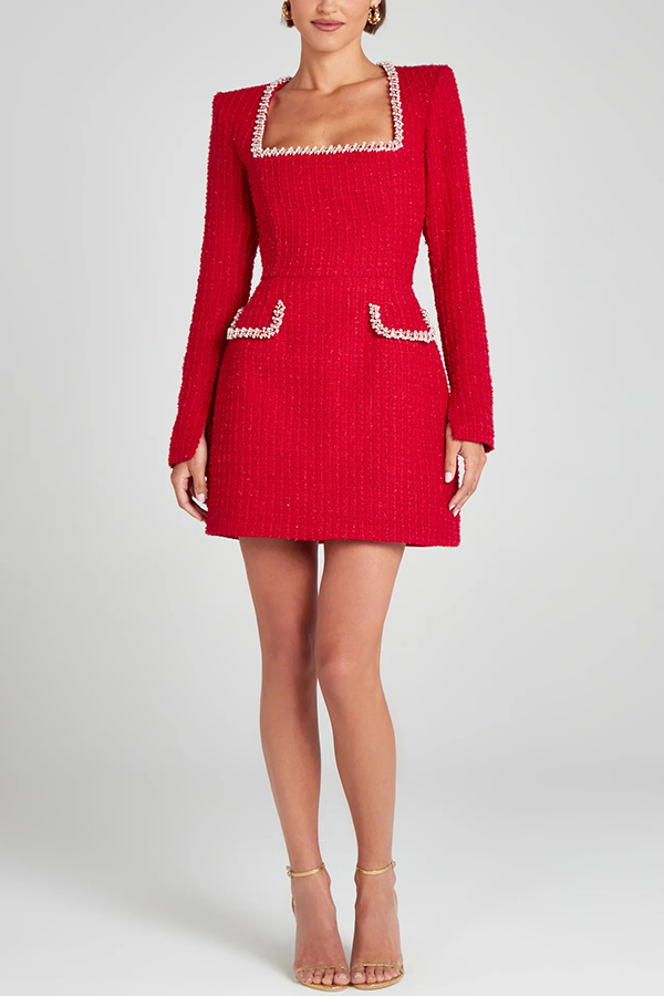 Girly and Glamorous Tweed Fabric Pearl Trim Long Slit Sleeve Pocketed Mini Dress | Consonak