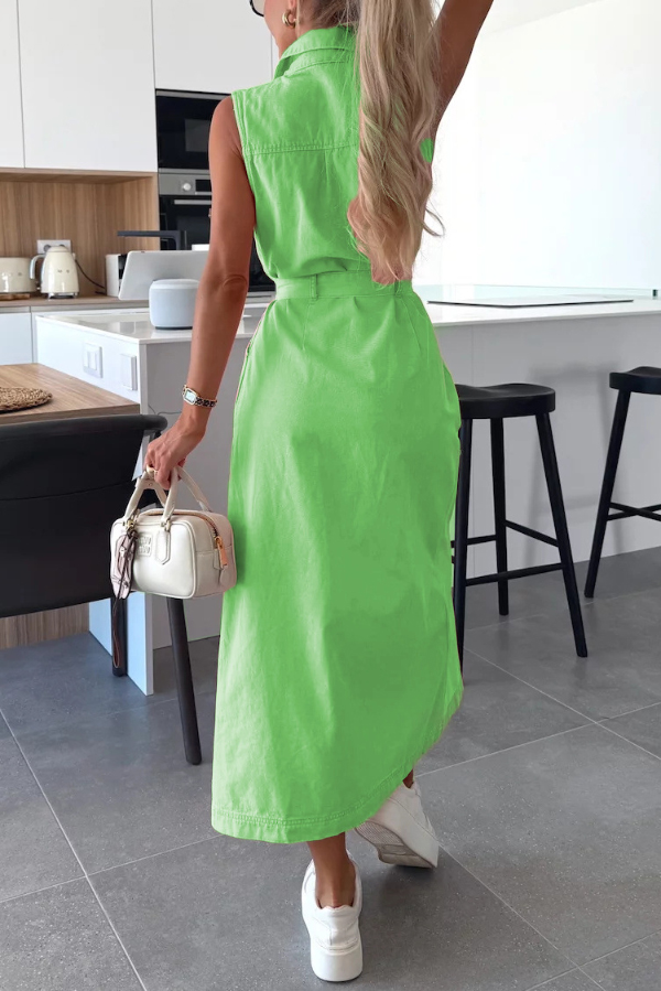 Solid Color Sleeveless Single Breasted Waist Tie Casual Pocket Denim Midi Dress | Consonak