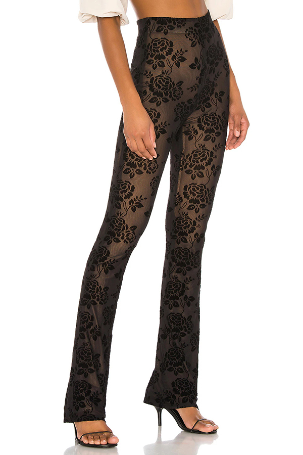 Romance Detail Flower Pattern Mesh Elastic Waist Stretch Flare Pants-consonak