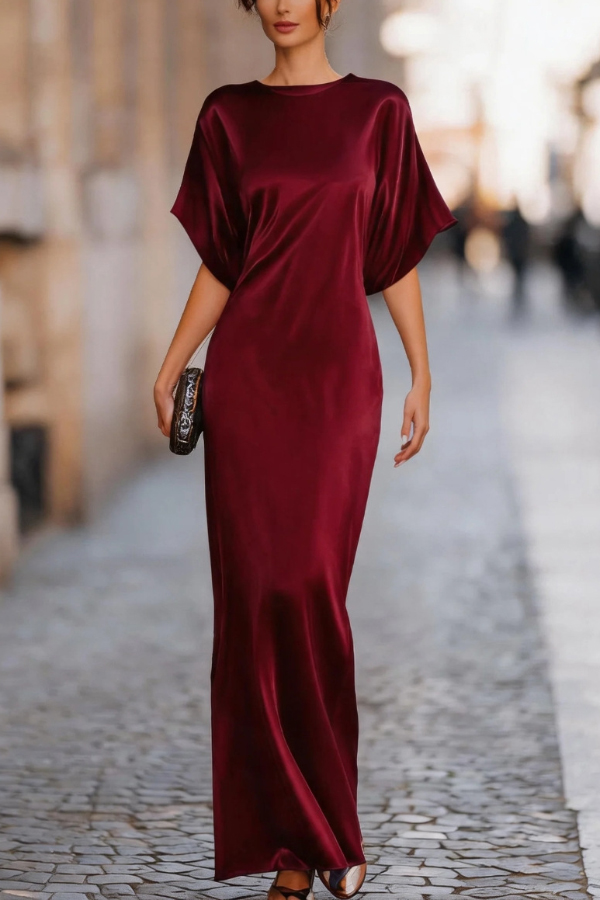 Solid Color Round Neck Short-sleeved Elegant Draped Maxi Dress | Consonak