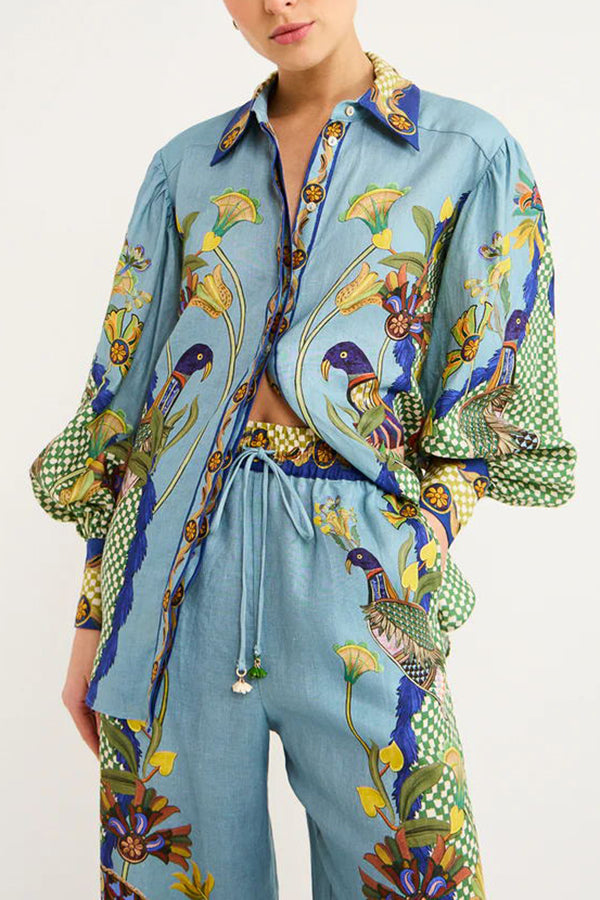 Sun Seeking Unique Heaven Bird Print Balloon Sleeve Button Loose Shirt-consonak