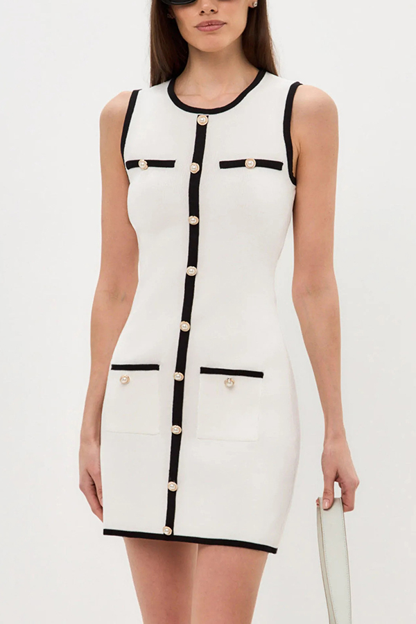 Elegant Sleeveless Round Neck Pearl Button Knitted Mini Dress-consonak
