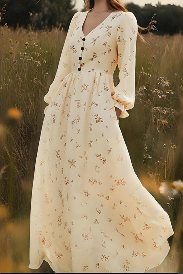 Floral Print Casual Long-Sleeved Holiday Maxi Dress-consonak