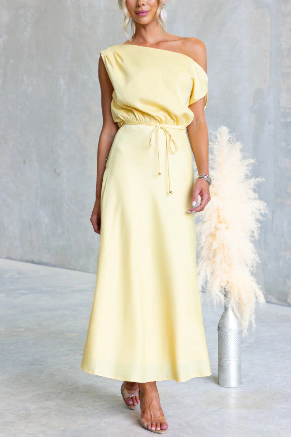 Solid Color One-shoulder Sleeveless Belted Casual Maxi Dress