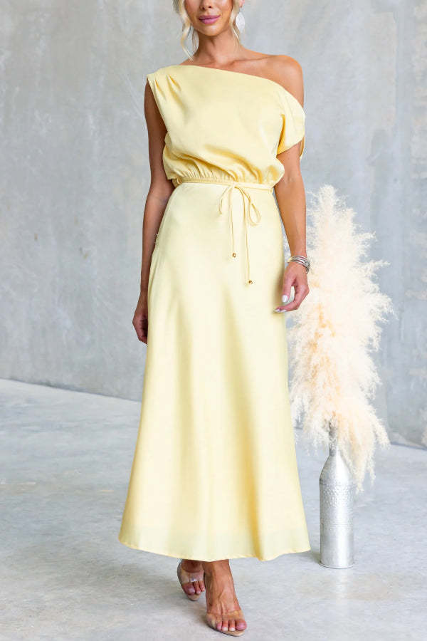 Solid Color One-shoulder Sleeveless Belted Casual Maxi Dress