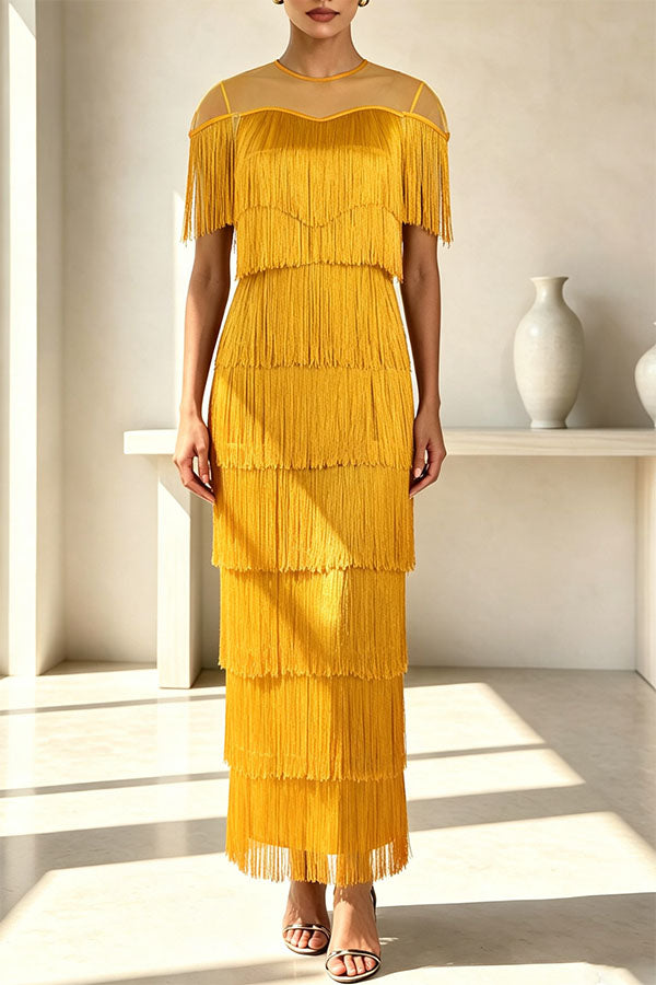Elowyn Mesh Tiered Tassel Patchwork Round Neck Cape Sleeve Midi Dress-Consonak