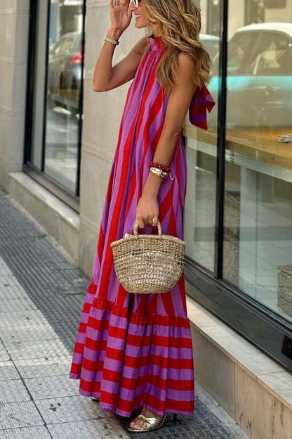 Roxane Linen Blend Striped Halter Neck A-line Maxi Dress-consonak