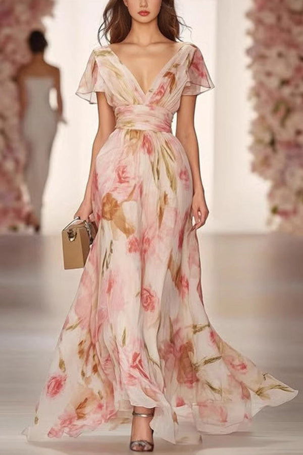 Floral Print V-neck Short-sleeved Waist Casual Maxi Dress-consonak