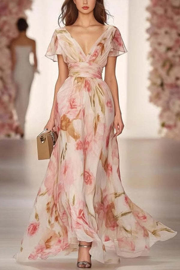 Floral Print V-neck Short-sleeved Waist Casual Maxi Dress-consonak
