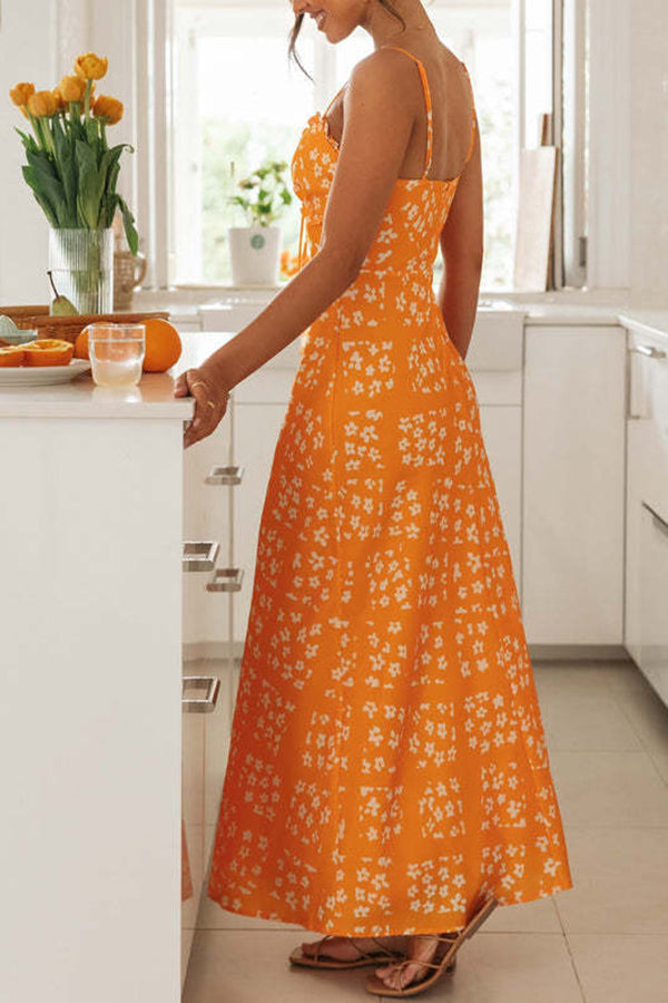 Starry Floral Print Lace Up Pleated Patchwork Zip Back Maxi Dress-consonak