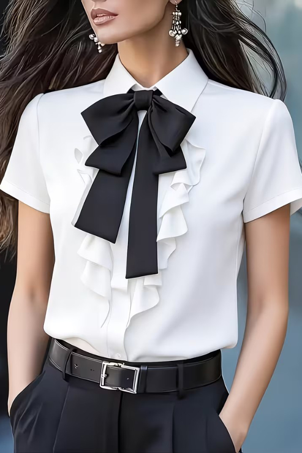 Solid Color Tie-neck Ruffle Collar Short-sleeved Casual Shirt | Consonak