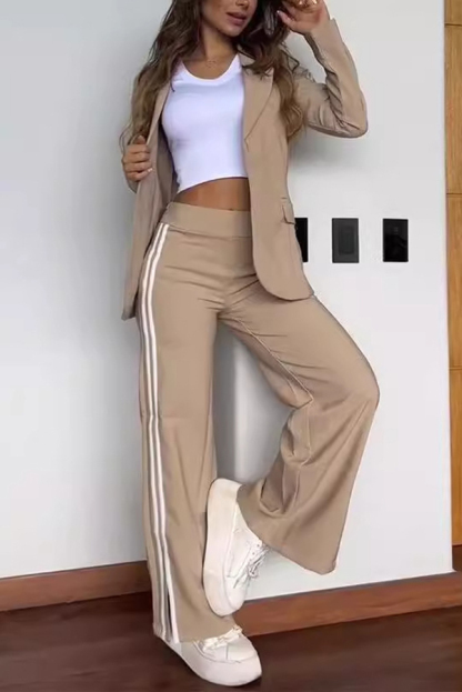 Sporty Mixed Formal Striped Trim Lapel Blazer and Elastic Waist Pocket Loose Pants Set-consonak