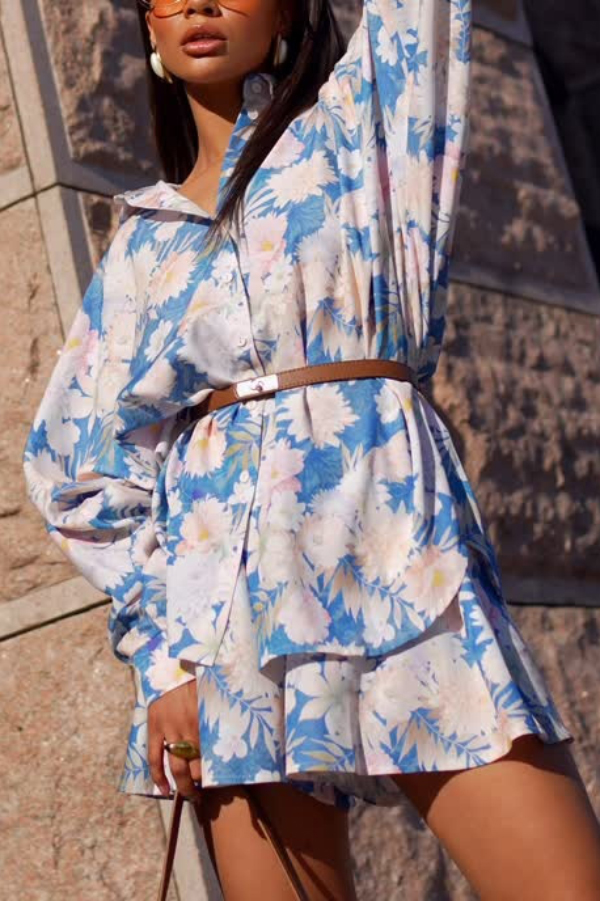Botanical Print Collared Long-sleeved Loose-fitting Shirt and Elastic Waist Casual Shorts Set-Consonak