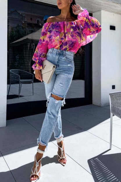 Colorful Botanical Print Sexy Off-shoulder Ruffle Top-consonak