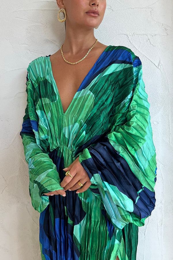 Tropical Oasis Capri Print Kimono Sleeve Pleated Cocoon Maxi Dress-consonak