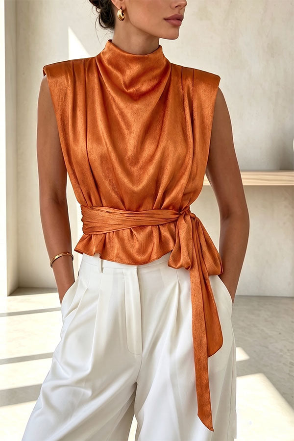 L'Aura Padded-Shoulder Wrap-Around Satin Top-Consonak