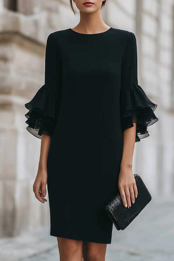 Solid Color Round Neck Ruffle Sleeve Elegant Mini Dress | Consonak