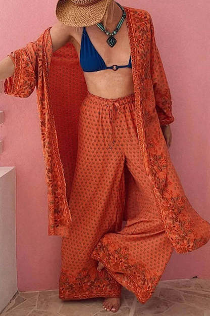 Unique Printed Long-sleeved Loose Long Cardigan and Elastic Waist Casual Wide-leg Pants Set-consonak
