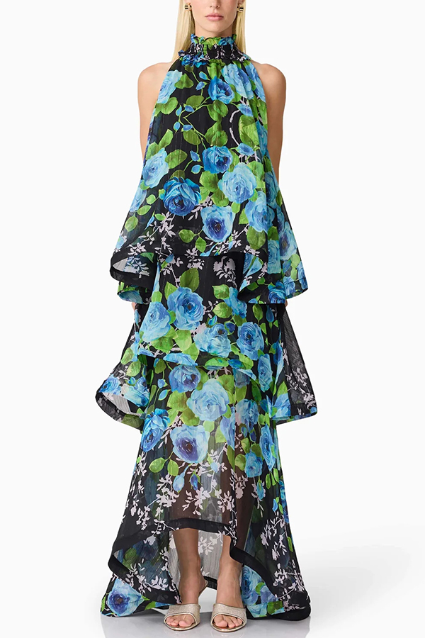 Briony Georgette Fabric Floral Print Pleated High Neck Tiered A-line Maxi Dress