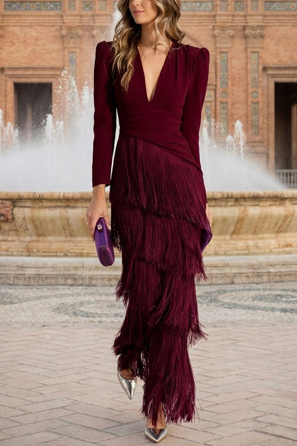 Elegant Night V-Neck Long Sleeve Layered Tassel Hem Maxi Dress-Consonak