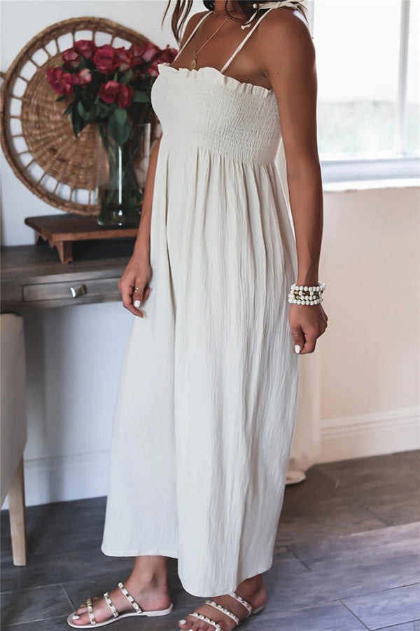 Elegant Solid Color High Waist Linen Blend Suspender Pleated Jumpsuit-consonak