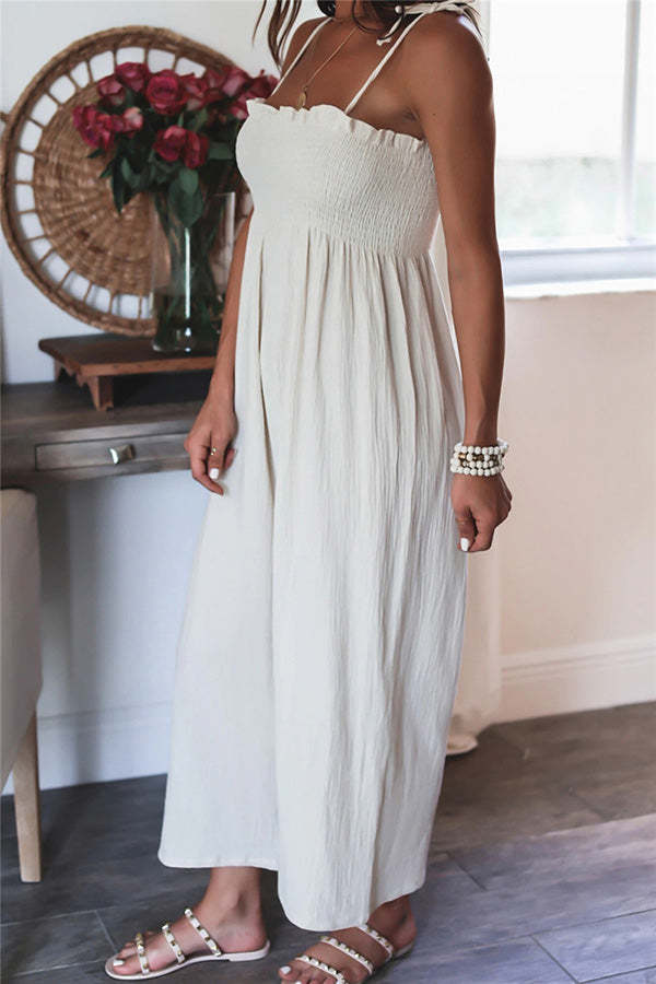 Elegant Solid Color High Waist Linen Blend Suspender Pleated Jumpsuit-consonak