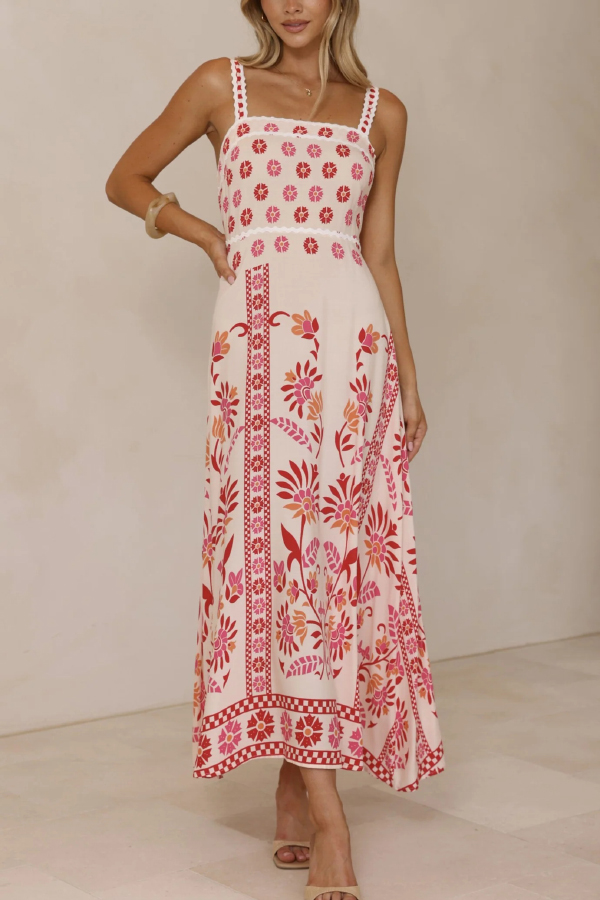 Floral Print Sleeveless Square Neck Casual Vacation Maxi Dress-consonak