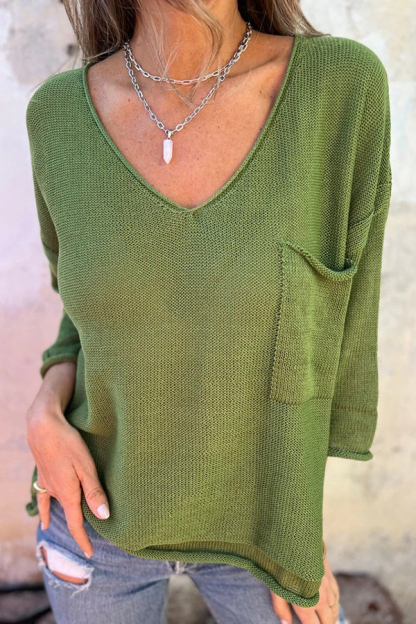 Autumn and Winter Knit V-neck Long Sleeve Pocket Casual Sweater-consonak