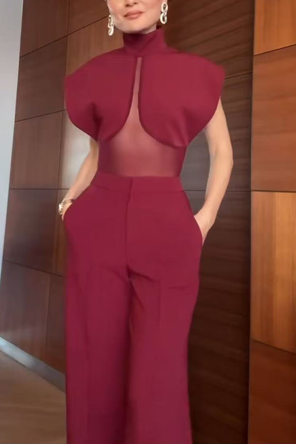 Vita Mesh Patchwork High Neck Wide Sleeve Bodysuit and High Rise Pocket Slit Pants Set-consonak