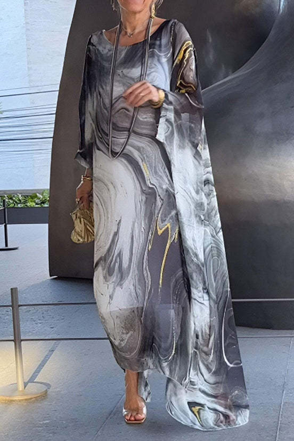 Unique Printed Crew Neck Loose Resort Style Maxi Dress-consonak
