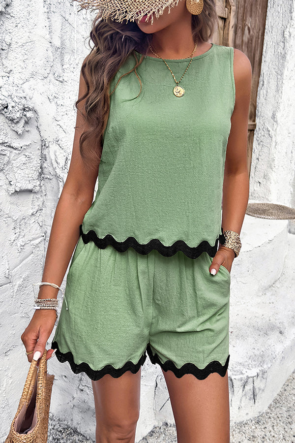 Casual Wavy Edge Buttoned Elastic Waist Shorts Set-consonak