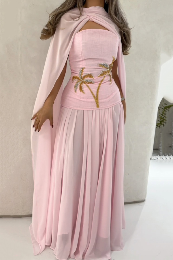 Stylish Beaded Sleeveless Off-shoulder Elegant Maxi Dress with Chiffon Shawl-consonak