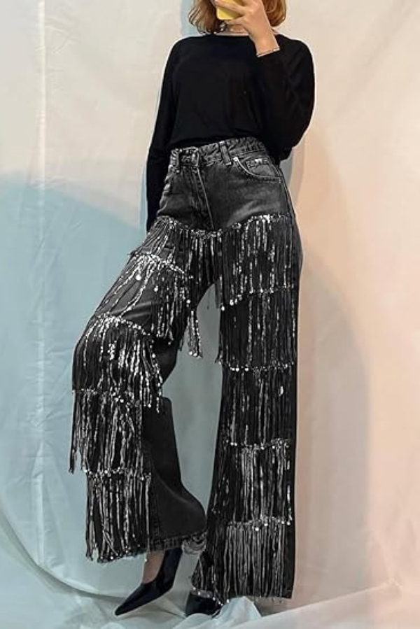Stylish High-waisted Pocket Tassel Casual Straight Leg Jeans-consonak
