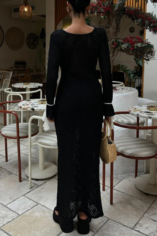 Solid Color Long-sleeved Tie Slim-fit Knit Openwork Cover-up Maxi Dress-consonak